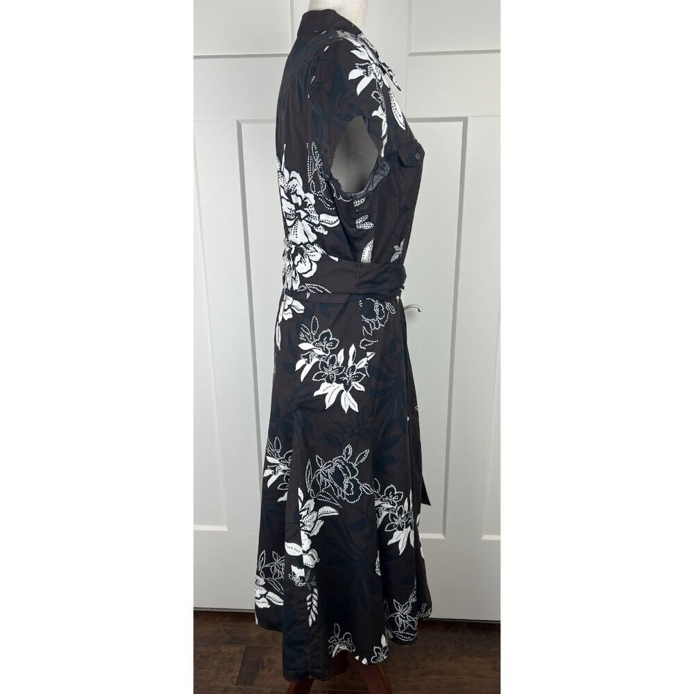 Talbots Fit & Flare Dress 12 Brown Cream Floral Faux Wrap Belted Midi - Picture 7 of 10